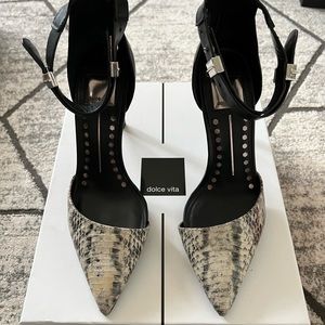 Dolce Vita ankle strap point toe pump in black and white snake.